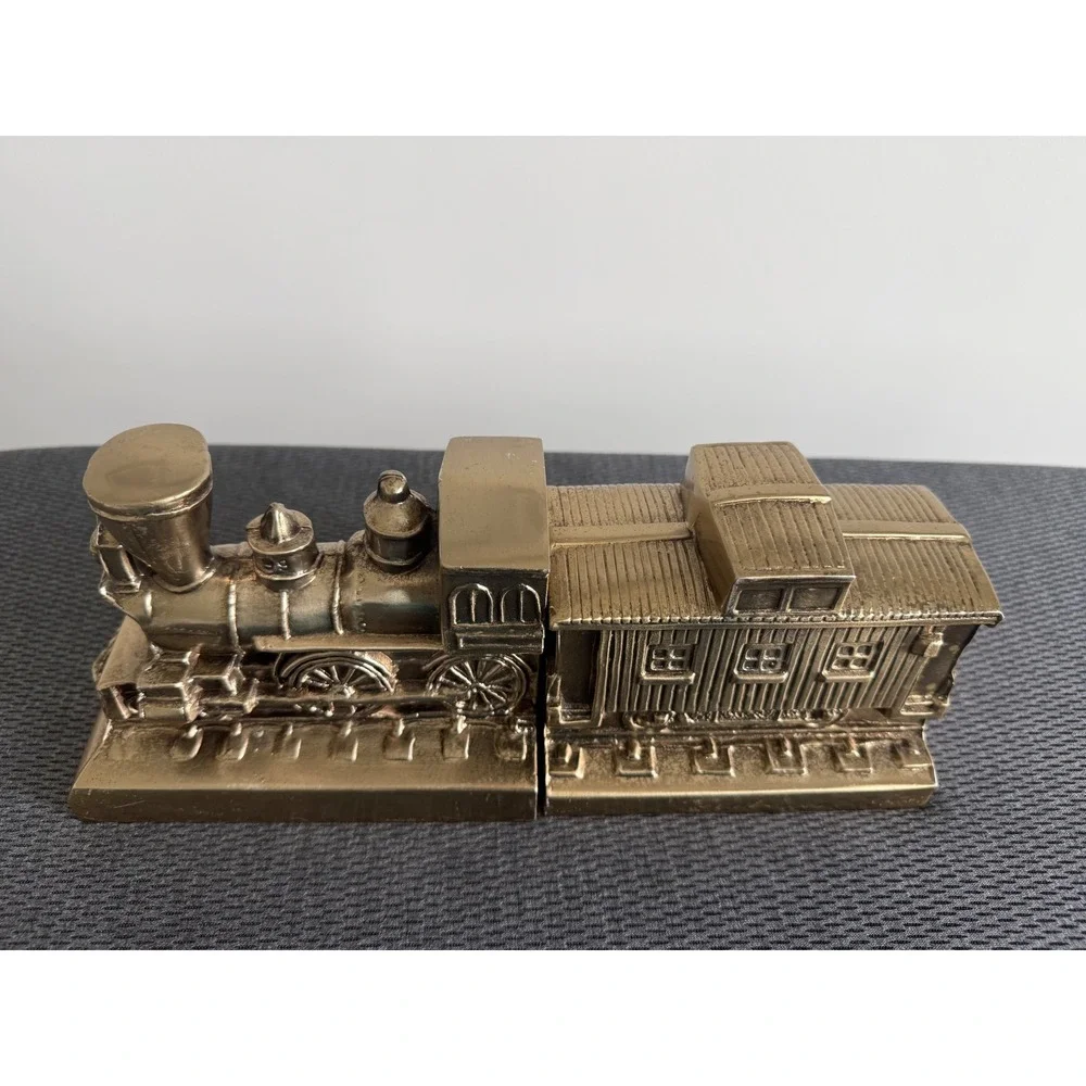 Vintage Solid Brass Metal Train Bookends Steam Locomotive and Caboose Set